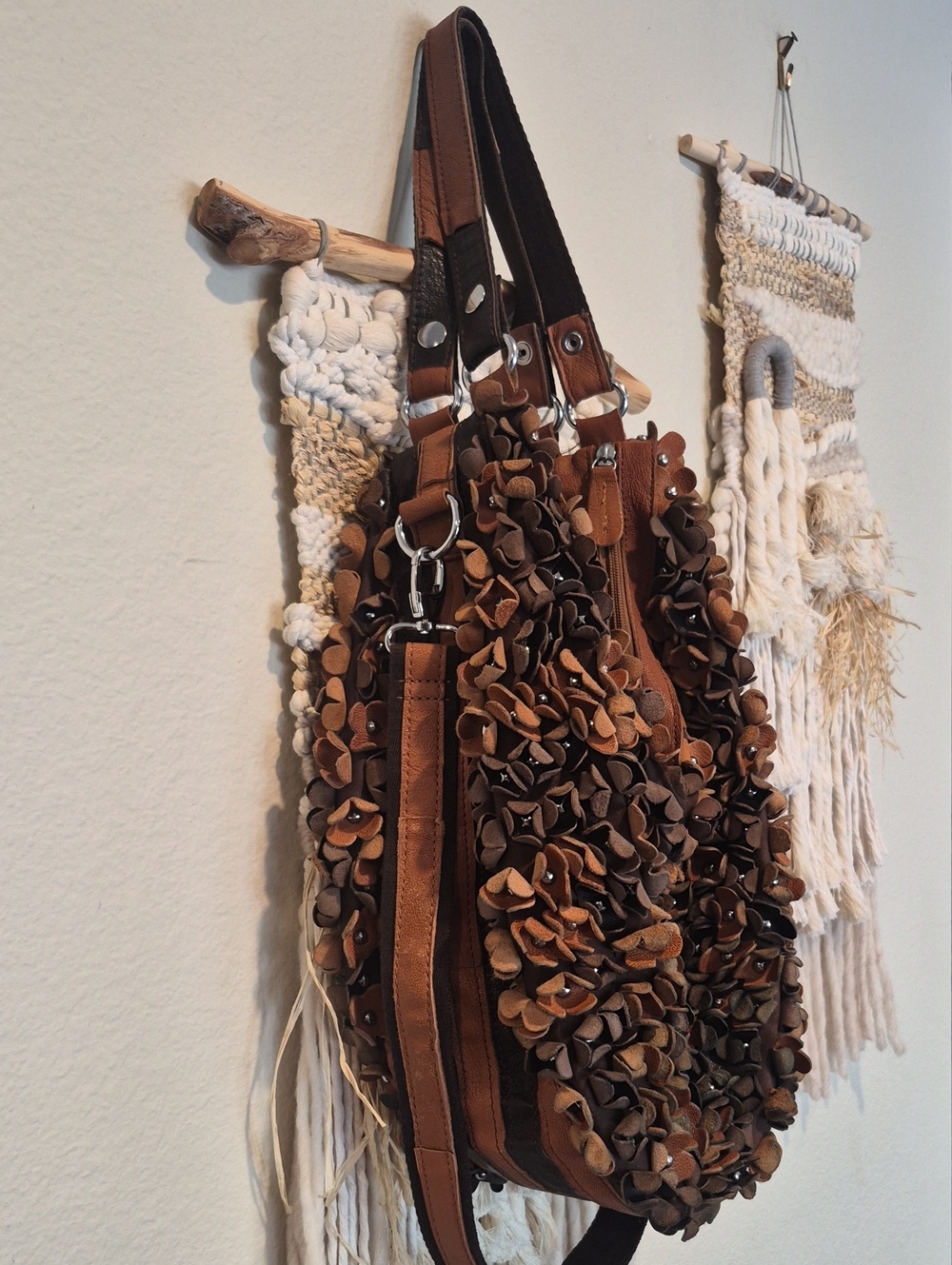 Boho 3D Leather Studded Flower Petal Hobo Crossbody Bag, Double Zipper Closure - Picture 2 of 15
